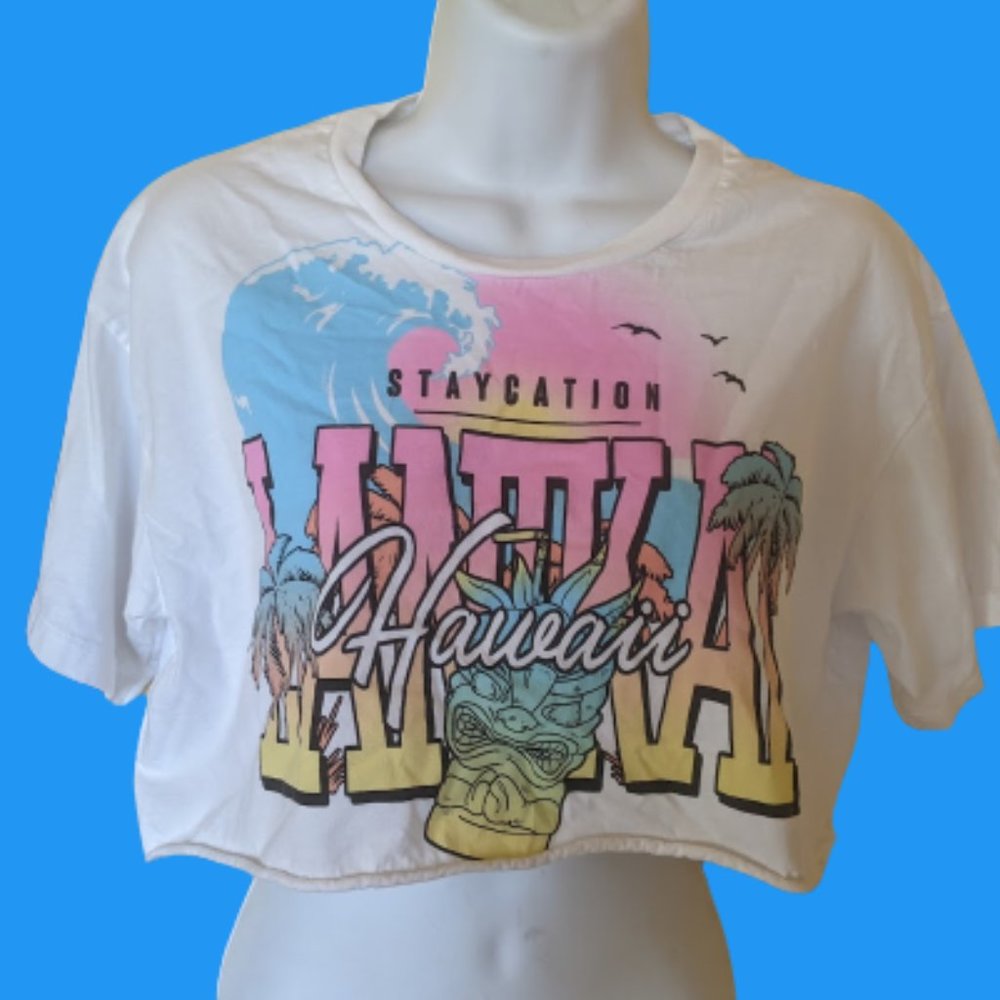 ---  White, Pink and Blue Crop Top Fits Size Medium or Large (Flaw)